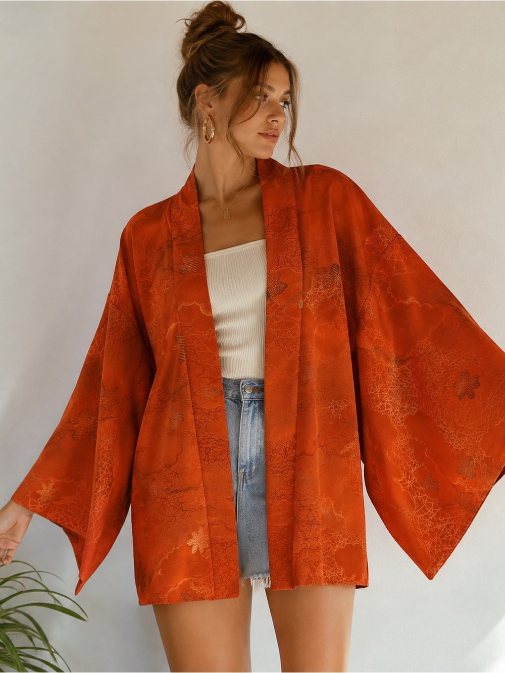 Modern Silk Kimono Jacket Haori Orange Japanese Layer Minimalist Wide Sleeve